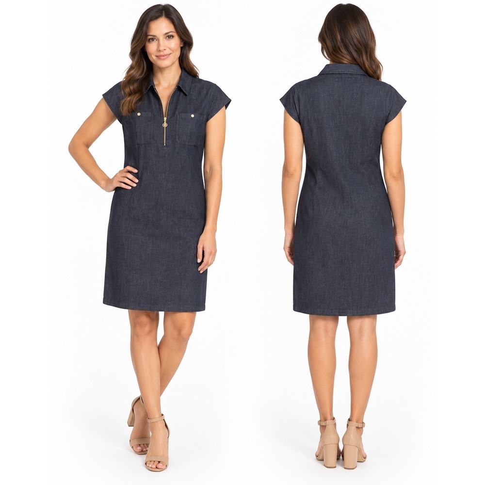 Anne Klein Dark Wash Denim Sheath Dress Cap Sleeve Gold Zip 4 NEW  $118